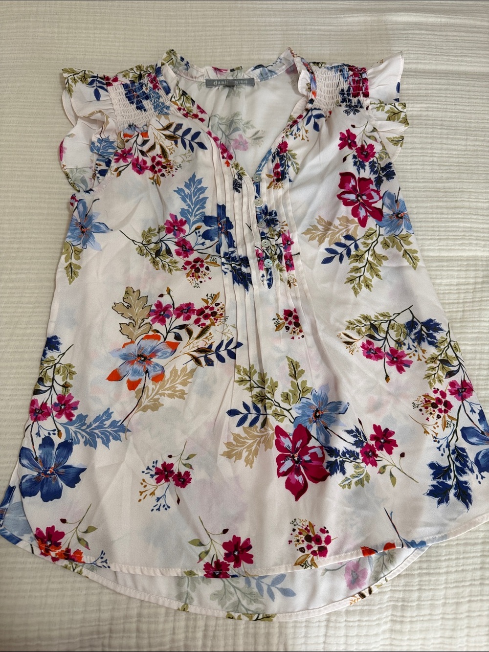 Daniel Rainn Floral Blouse - White with Pink & Blue Flowers